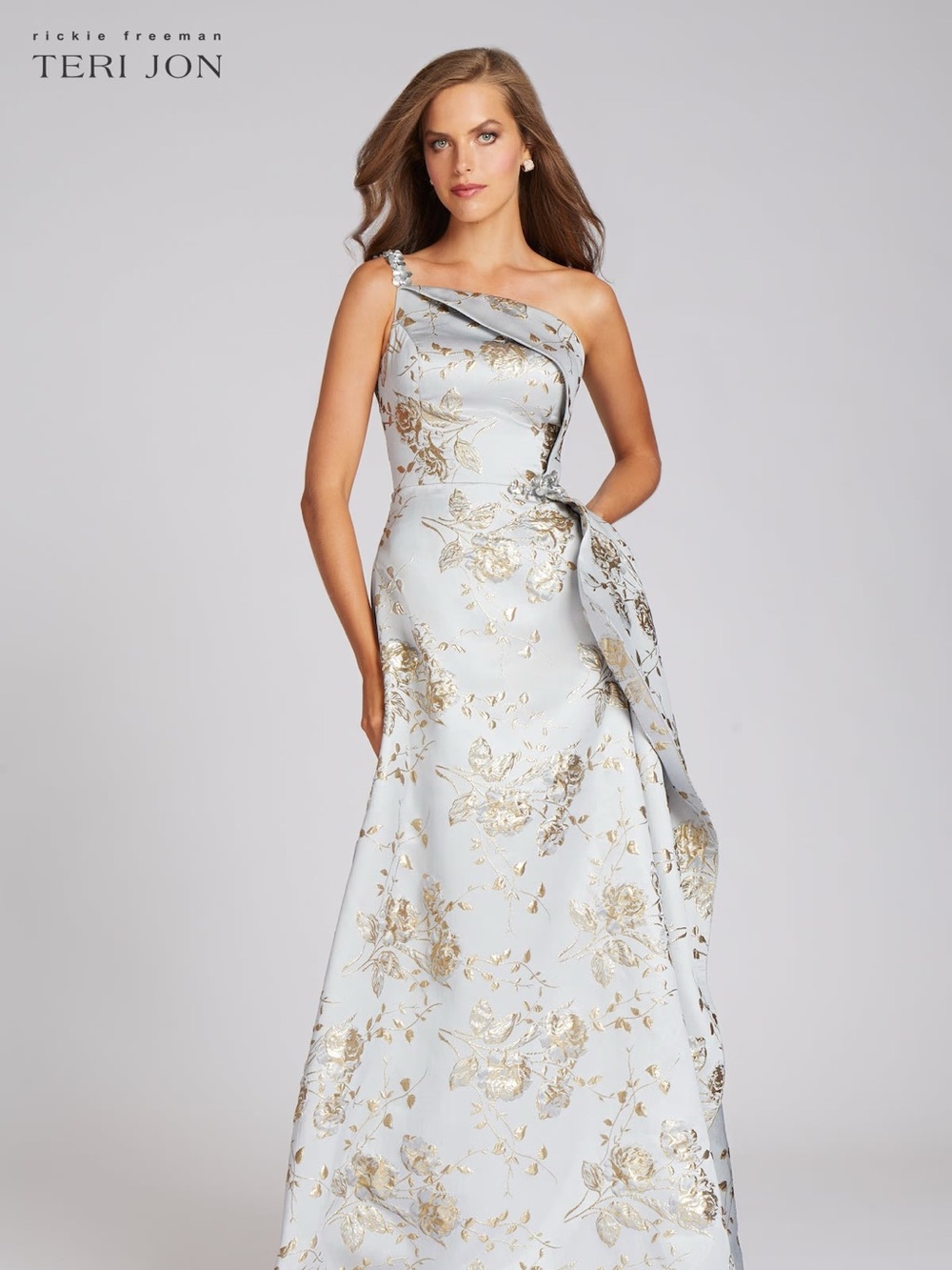 TERI JON by Ricki Freeman Jacquard One-Shoulder Metallic Floral Gown Light Blue